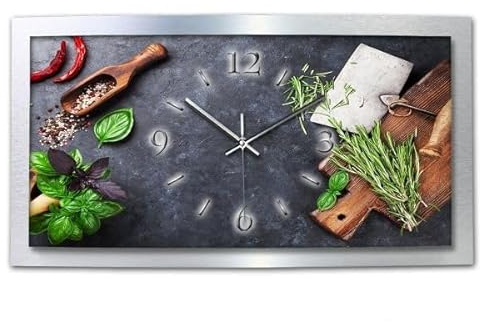 Kreative Feder 3D Designer-Wanduhr Kräuter Küche in modernem Metallic-Design; leise Funkuhr mit Motiv wahlweise in Zwei Größen (WAA063, 80x40cm; leises Funkuhrwerk)