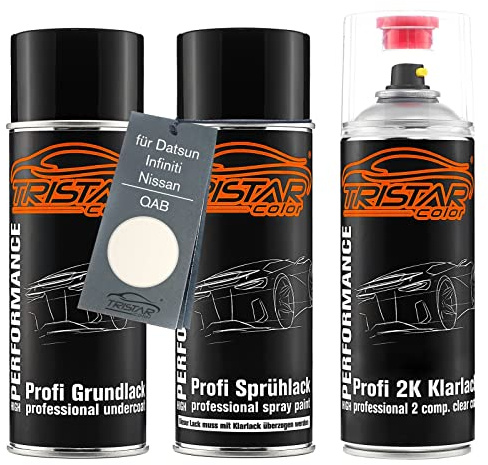 TRISTARcolor Autolack 2K Spraydosen Set für Datsun/Infiniti/Nissan QAB Brilliant White Perl Grundlack Basislack 2 Komponenten Klarlack Sprühdose