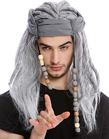 WIG ME UP - 91531 Perücke Herren Männer Pirat Seeräuber alt Kopftuch Dreadlocks lang wild grau meliert