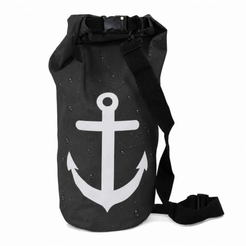 Sonia Originelli Seesack 10 L Schwarz wasserdichter Dry Bag - Anker Print | Rolltop-Verschluss und verstellbarem Schultergurt für SUP, Kajak und Strand