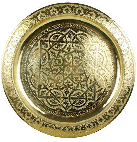 Karam Marokkanisches Serviertablett Rund Ø 50 cm aus Messing | Orientalisches Teetablett in der Farbe Gold | Echtes Kunsthandwerk aus Marrakesch | Tablett für Kreative Dekoration Idee | TA6051