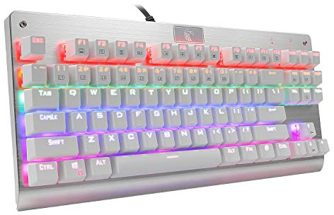 Huo JI Z-77 Clavier de jeu mécanique Multicolore LED rétroéclairé avec interrupteurs rouges, sans trace, 87 touches anti-ghosting pour Mac PC, Blanc