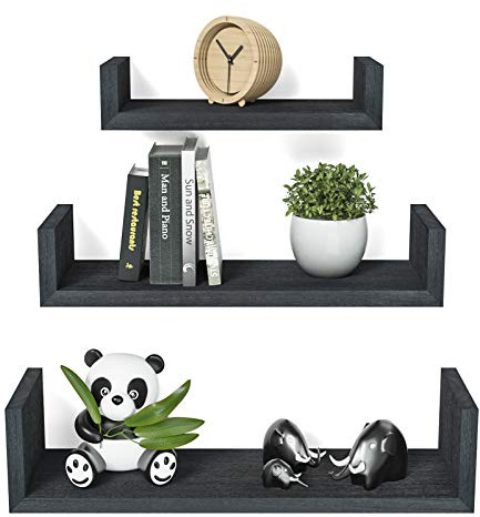 SRIWATANA Floating Shelves Wall Mounted Set of 3, Solid Wood Wall Shelves for Bedroom, Living Room, Bathroom, Kitchen, Office and more,Black