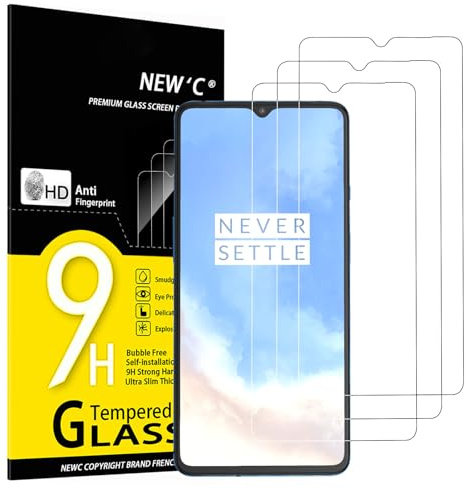 NEW'C 3 Piezas, Protector Pantalla para OnePlus 7T, Cristal Templado Antiarañazos, Antihuellas, Sin Burbujas, Dureza 9H, 0.33 mm Ultra Transparente, Ultra Resistente