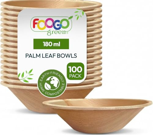 FOOGO Green 100pcs Disposable Palm Leaf Bowls 5 (12cm) Round 180ml (6oz) | For Dips, Sauce & Dessert, Eco Friendly Biodegradable Like Wooden And Paper Bowls
