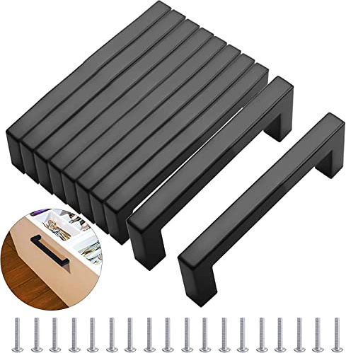 MEEQIAO 10 Stück Möbelgriffe Schwarz, 192 MM Modisch Edelstahl Quadrat Griffe, Schrankgriffe, mit 40 Schrauben, Mehrweg, für Küchen, Schubladen, Schrank, Möbel
