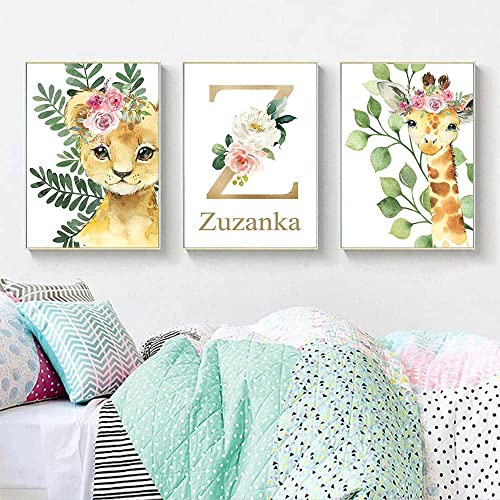 Youihom 3 Poster Waldtiere Kinderzimmer Löwe Giraffe Gold 30 x 40 cm Bilder Namen Personalisiert Kinder Mädchenzimmer Blumen Rosa Blätter Grün Wanddekoration Geschenk wandbild Leinwand ohne Rahmen
