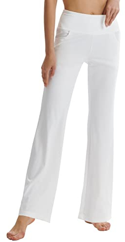 LaiEr Damen Bootcut Yogahose mit Taschen, hohe Taille, ausgestelltes Bootleg Yoga Workout Hose mit Seitentaschen, Weiß,M