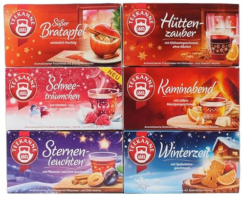 Teekanne Wintertee | 6er Mix-Set | Mit den Sorten: Sternenleuchten, Hüttenzauber, Süßer Bratapfel, Kaminabend, Winterzeit und der NEUEN Sorte Schneeträumchen