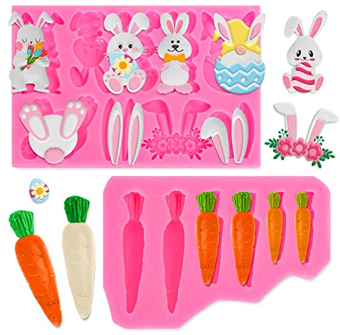 Whaline 2Pcs Easter Fondant Molds Cute Bunny Pattern 3D Silicone Moulds Assorted Rabbit Carrots Flowers Resin Molds Easter Cupcake Cookie Baking Decorating Mould for Spring Holiday Party DIY Candy