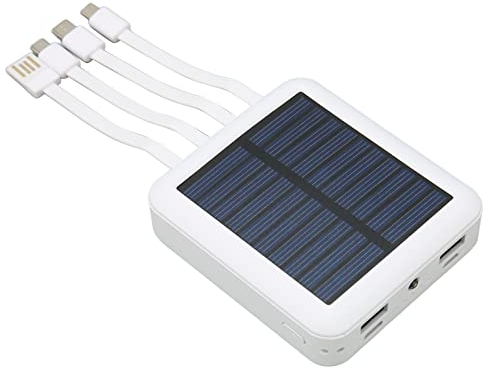 Banco de Energía para Teléfono Solar de 20000 MAh, Banco de Energía Solar Portátil a Prueba de Agua con Cable de Carga para Exteriores, 2X USB y USB C, Puerto Micro USB (Blanco)