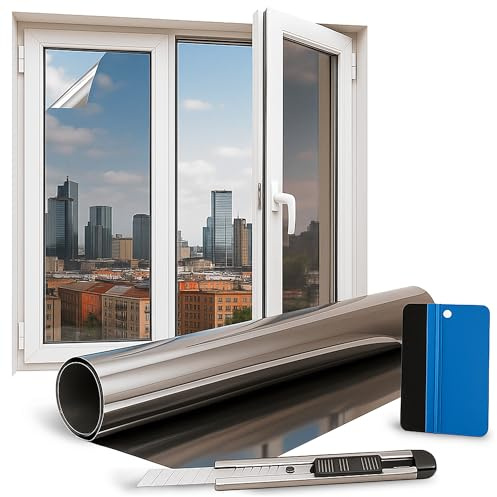 Folindo Fensterfolie Sonnenschutz - 100x76cm - 90% Silber Verspiegelung/Spiegelfolie Fenster Sichtschutz - Hitzeschutzfolie Fenster - Sonnenschutzfolie Fenster außen - inkl. Rakel & Folienmesser