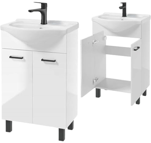 .Deftrans Domodomo Badezimmerschrank mit Waschbecken, 85 x 55 x 42 cm weißer Waschbeckenschrank, Keramik Waschbecken Set, Standschrank für kleines Bad