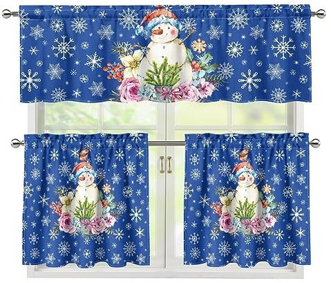 Jeiento Blaue Küchengardine Tier & Volant Set von 3 Weihnachten Schneemann mit Kaktus Fenster Ebenen Volant Blumen Schneeflocke Küche Vorhang Sets für Wohnzimmer Schlafzimmer