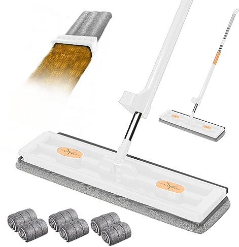 Großer Flachmop, 2023 Neu Großer Flach Mopp Bodenwischer, Flacher Wischmopp mit auswringfunktion, 360° Drehgelenk Bodenwischer Set Flachmopp mit Wiederverwendbaren Mikrofaser-Wischpads (Weiβ + 6 Pads)