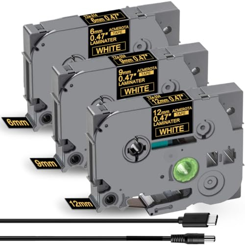 Acmerota TZe-334 TZe-324 TZe-314 12/9/6 mm * 8 m, ersetzt für Brother TZe-334, laminiertes Gold auf Schwarz, für Brother P-Touch PT-H110 H107B H100LB D400 H200 1000 E100 D600 PT-D210 PT-H100