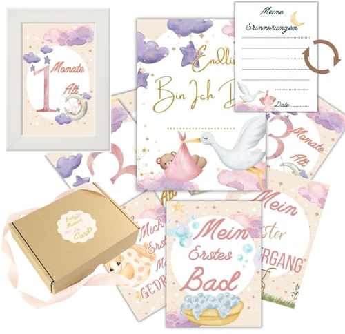 40 Meilensteinkarten Baby für Mädchen - Set von Meilensteinkarten mit Geschenkbox + Holz-Fotorahmen - Hervorragende Geschenkidee für Geburt, Taufe und Babyparty (Weißer Rahmen)