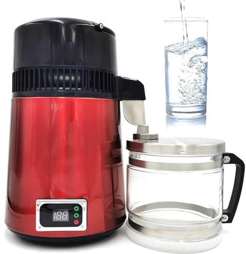 CYTBEK Water Distiller Machine, 750w 304 Stainless Steel Glass Container, Distilled Water Purifier Filter with Digital Display Button Therm Lock, 4L Distilling Pure Water Maker for Home Use red