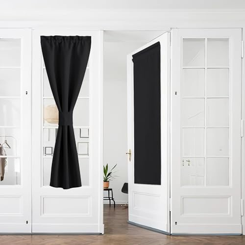 PONY DANCE Französischer Tür Vorhang Schwarz Blickdicht H 240 x B 60 cm | 2er Set, Verdunklungsvorhänge, Scheibengardine, Balkontür Vorhang, mit Stangendurchzug, Thermovorhang Hitzeschutz