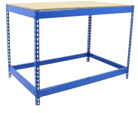 SimonRack Banco da lavoro officina, Tavolo da lavoro officina, Carico massimo 400 kg, 900x1200x450 mm, Fai da te, Blu/Legno - BT-Basic