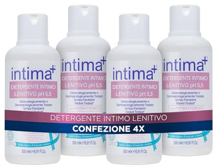 Intima+ | Detergente Intimo Lenitivo, Detergente Intimo Ph 5.5, Detergente con Antibatterico, Detergente a Base di Camomilla, Detergente Intimo Donna, 4 x 500ml