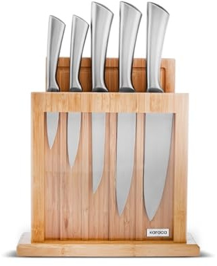 Karaca Vigor 7-Piece Stainless Steel Knife Set with Block & Cutting Board, Silver Kitchen Knives Sets with Ergonomic Handles, Includes Chef's, Slicer, Bonning, Utility, Paring Knives & Bamboo Stand