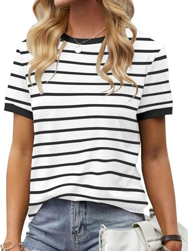 Fisoew Maglietta da donna a righe, scollo rotondo, a maniche corte, basic a righe, Nero , XXL