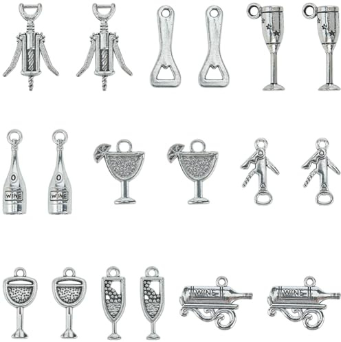 SUNNYCLUE 1 scatola 54 pezzi 9 stili Ciondoli Bottiglia di Vino Sfusi Barrette per Bevande A Tema Lega Tibetana Apriscatole In Metlega Ciondolo Calice Vintage per Creazione di Gioielli Forniture di Ci