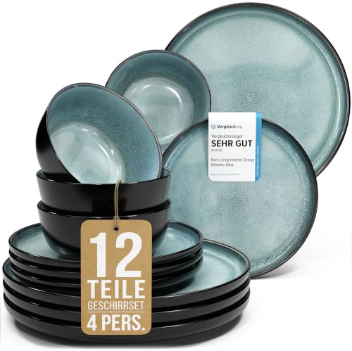 Steingut Geschirrset 4 Personen Ibiza 12 tlg. TESTSIEGER, Traumhaftes Mediterranes Steingut Geschirr Set, Schüssel- und Teller Set, Tafelservice 4 Personen, Geschirrsets Pure Living in Petrol