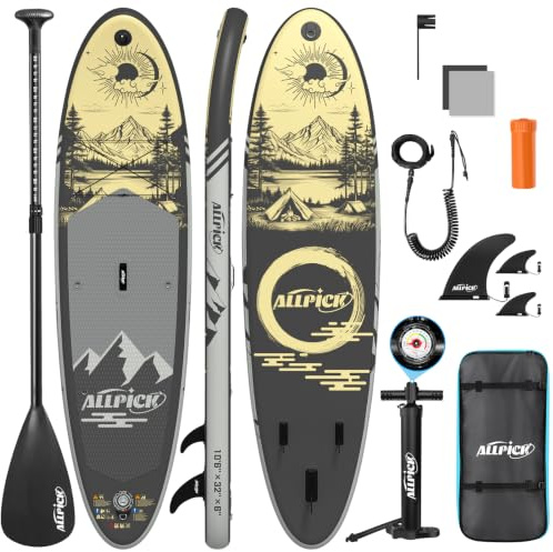 ALLPICK Sup Gonfiabile, Stand Up Paddle Board Gonfiabile, Con Supporto Universale per Fotocamera, Accessori Completi, Tavola da Sup Surf, Principianti e Avanzati, 200kg (Paesaggio - Grigio oro)