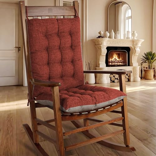 OVOV Non-Slip Rocking Chair Cushion Extra Large Chair Pads with High Back Linen Cushion for Rocking Chair set of 2 Brick