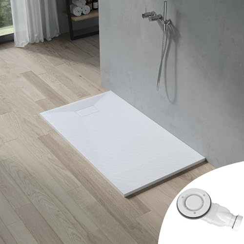 AQUABATOS SMC Duschwanne 140x80 cm Weiß Eckig Quadratisch Duschtasse Duschbecken Brausewanne Brausetasse Rutschfest Bodengleich Ebenerdig Steinoptik Schieferoptik mit Siphon/Ablaufgarnitur