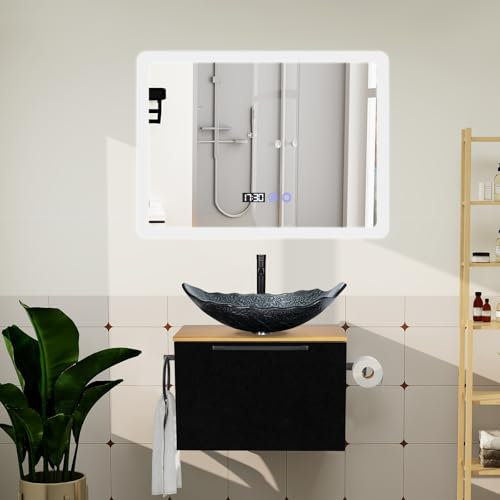 YU YUSING Badmöbel Set Waschbeckenunterschrank Badezimmerschrank 60cm Waschbecken Unterschrank, Badspiegel LED 80x60cm, Anti-Beschlag, Badezimmermöbel mit Waschtisch,Wasserhahn Set(Silber Grau)