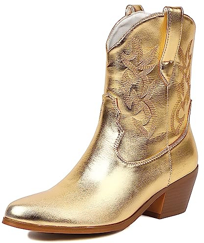 Gicoiz Damen Halbschaft Retro Western Cowboystiefel Bestickt Blume Snakeskin Blockabsatz Stiefel Pointed Toe Winter Draußen Stiefeletten Gold Gr 38 EU-39Cn