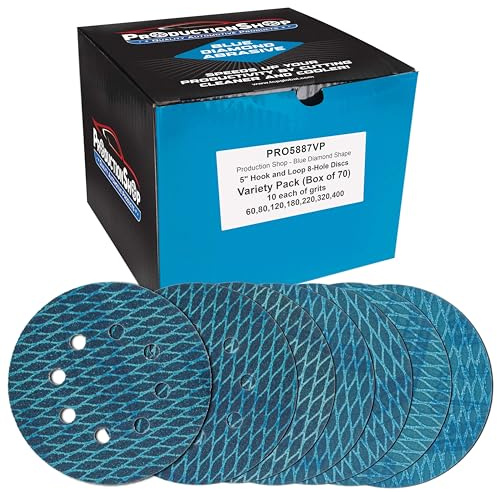 ProductionShop Premium 5 Rhombus Diamond Shape Blue Sanding Discs, 8-Hole, 70 Disc Variety Pack, Grits 60, 80, 120, 150, 180, 220, 320, 400 - Hook & Loop Sandpaper, Random Orbital Sanders, Metal Wood