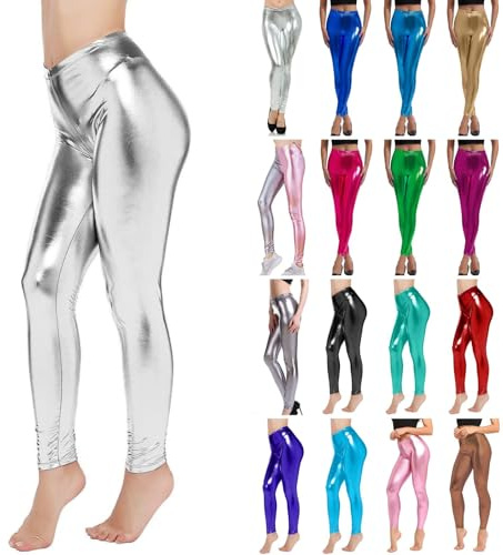 Legging pour femme - Argent métallisé brillant - Pantalon années 80 avec taille haute - Legging brillant - Jupe de fête - Jupe de danse disco - Costume de carnaval - Pantalon métallique pailleté