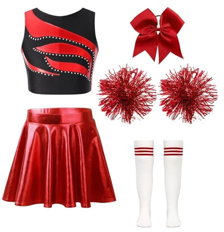 DYYEUAVT Cheerleading-Uniform, Cheerleader-Outfit für Kinder, Mädchen, Cheerleader-Uniform, ärmellos, Patchwork, bauchfreies Oberteil, Metallrock, Kopfbedeckung, Handblumen, Socken,