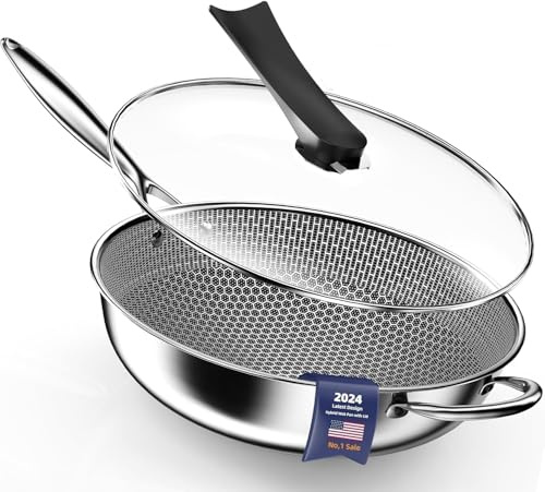 Kiseely Wok pan,Hybrid 13 inch Deep Fry Wok with Lid, Nonstick Pan with Stay-Cool Handle, Compatible with All Cooktops Including Induction, Stir Fry Pans with Round Bottom (LI1)