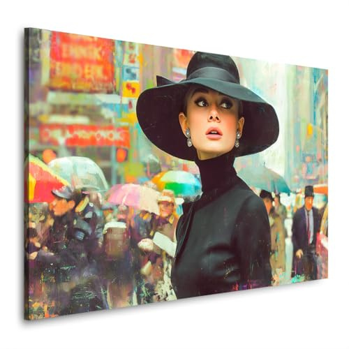 Kunstgestalten24 | Audrey Hepburn Wandbild in New York Look auf Leinwand mit Echtholz-Keilrahmen – elegante Retro-Kunst für Wohnzimmer, Flur & Ankleidezimmer | 60x40cm, 2cm Rahmentiefe