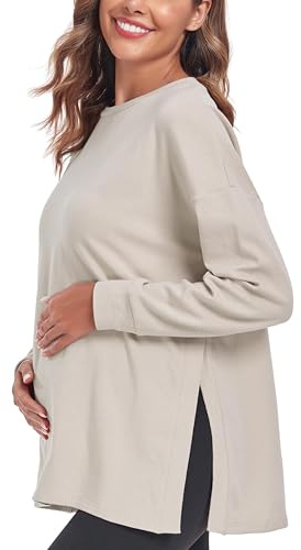Love2Mi - Maglietta premaman da donna a maniche lunghe, a vestibilità sciolta, per l'allattamento, con spacco laterale, abbigliamento premaman, Albicocca, M