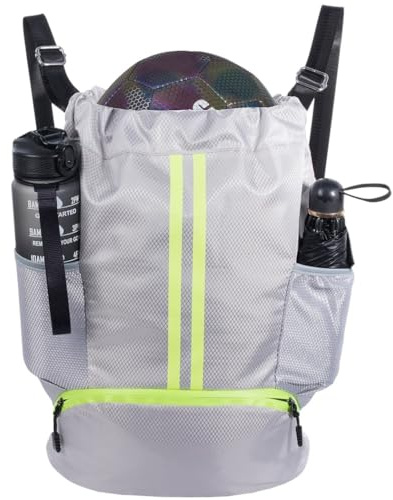 Fußball-Rucksack, wasserdichter Turnbeutel mit Schuhfach & Nass-/Trocken-Trennung für Basketball, Volleyball, Fußball – idealer Sportrucksack für Kinder und Jugendliche, Grau