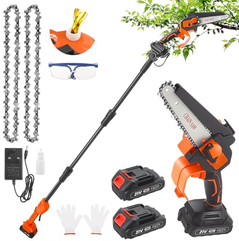Taille-haute sans fil 2 en 1, mini tronçonneuse de 6 pouces, scie à branche télescopique électrique avec 2 batteries 1,5 Ah 21 V et chargeur, hauteur de travail jusqu'à 4,2 m, sécateur, coupe-branches