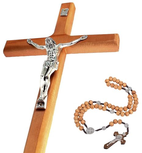 YI Boutique Crucifix Wall Cross, Handmade Catholic Crosses, 8 Inch, with Wooden Rosary, Wall crucifixes, Wood Crucifix for Wall, Jesus Christian Wall Hanging Cross
