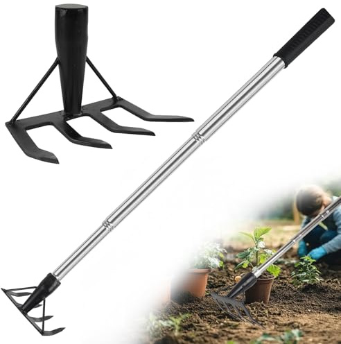 ROLKAR Small Garden Rake Tool, Hand Tiller Cultivator, Weed Remover Rakes Narrow for Flower Beds, Leaves Leaf Grass Cleaning for Precise Gardening, Mulch Spreading, Tilling Soil Weeding - Long Handle