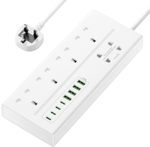 Extension Lead with USB Slots, VoltFlow 4 Way Plug Extension Socket with 8 USB Ports, 1.8M Extension Cable with Switch 13A 3250W Overload Protection Power Strip for Home, Kitchen, Office