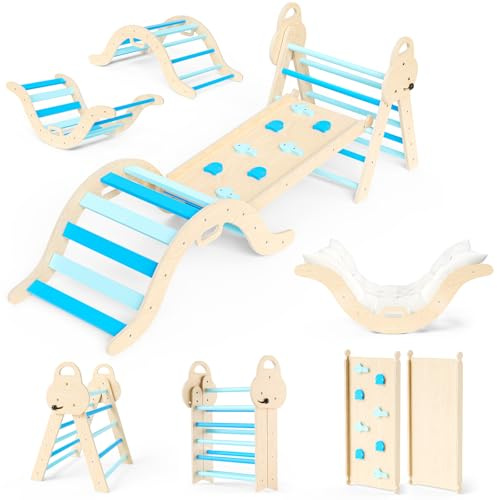 7 en 1 Marco de escalada para niños, juguete de escalada interior plegable, juego de escalada de madera Montessori con arcos, rampa y escalera, área de juegos de interior (azul)