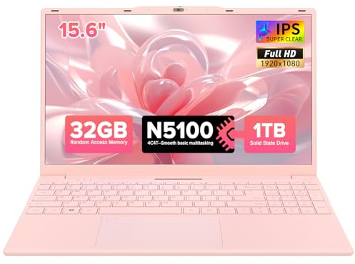 Auusda 15.6 Inch Pink Laptop, Quad-Core Quad-Thread Processor, Fingerprint Login, Backlit Keyboard, Full HD IPS Display, 6000mAh, USB 3.0, Ideal for Students & Business, 32GB RAM 1TB SSD