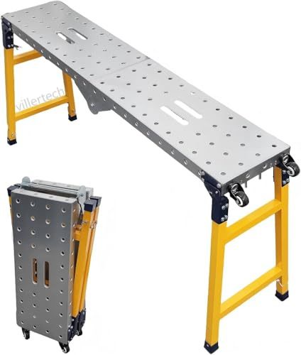 Villertech Folding Scaffolding Platform 1100 Lbs Height Adjustable Anti Slip Steel Step Ladder Stool with Galvanized Coating Anti-Slip Feet for Construction Car Washing Roof Snow Removal（59 Wide）