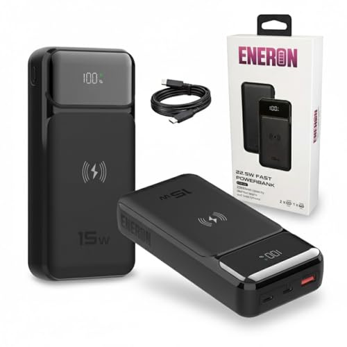 Powerbank 20000mAh Chargeur Sans Fil Rapide 15W & USB-C PD 22.5W, Batterie Externe Portable avec Affichage LED, Compact Power Pack Induction pour Smartphone, Noir