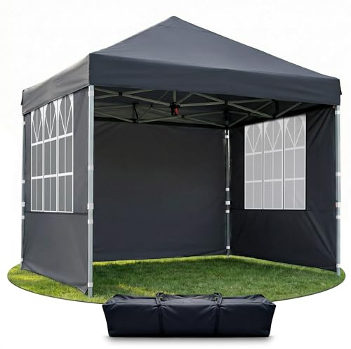 RidgeRover 3M x 3M Pop-up Gazebo, Waterproof Garden Gazebo with 4 Removable Sidewalls, 3-Way Adjustable Height Folding Pavilion for Garden, Party, Camping, Dark Grey